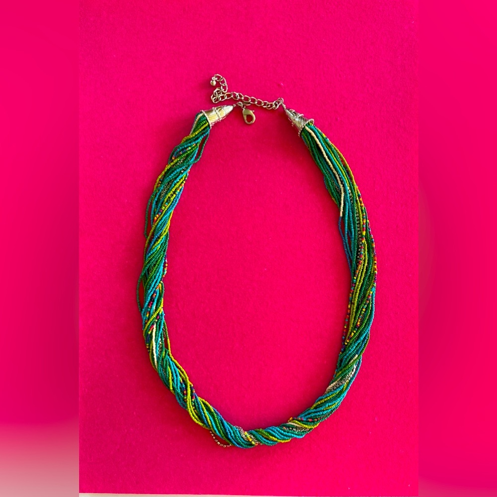 Chico's Beaded Necklace Blue Green Multicolor Silver Statement Boho